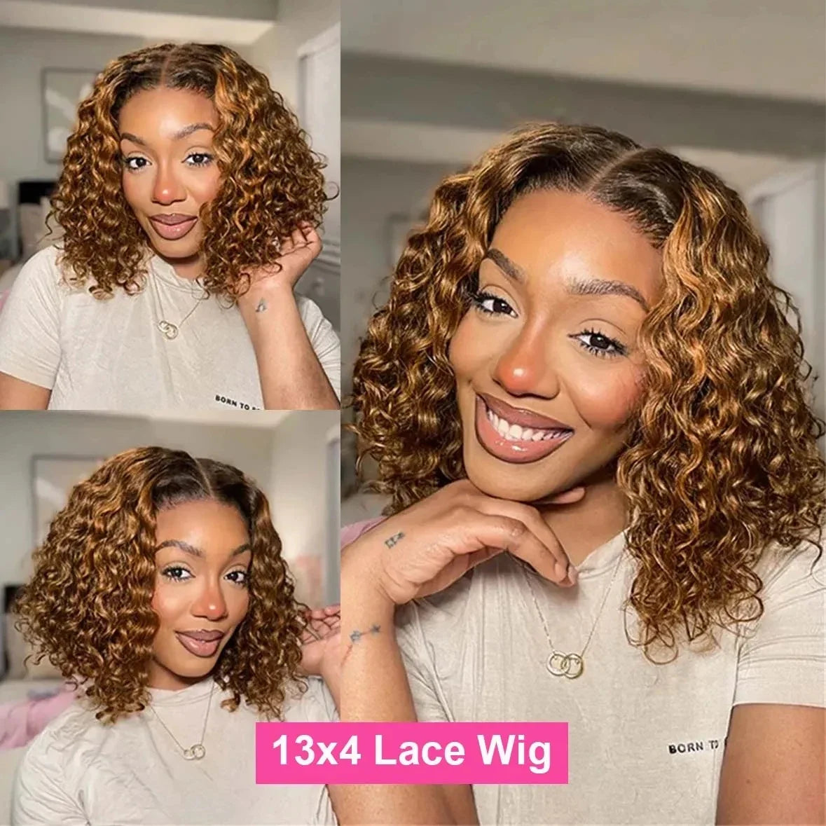 250 Density Highlight Short Bob 100% Human Hair Wigs Water Wave 13x4 HD Lace Front Wigs Ombre Blonde Deep Wave Lace Frontal Wig