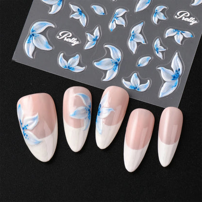 2pcs Hibiscus Flower Nail Art Stickers Blue & White Flowers Charm of Spring Summer Self-Adhesive DIY Decals Manicure Decoration