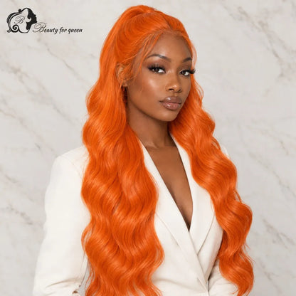 Tangerine Orange Body Wave Wig Long Bleached Knots Voluminous Luxe Glue And Go Bold Soft Brazilian Smooth Deep Parting Lustrous
