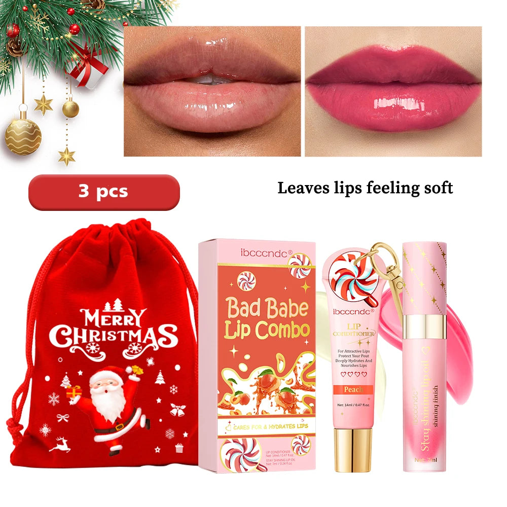 Lip Glosses Set Lip Gloss Combo with Keychain Peach Fragrance Moisturizing Plumping Lip Makeup Christmas Present