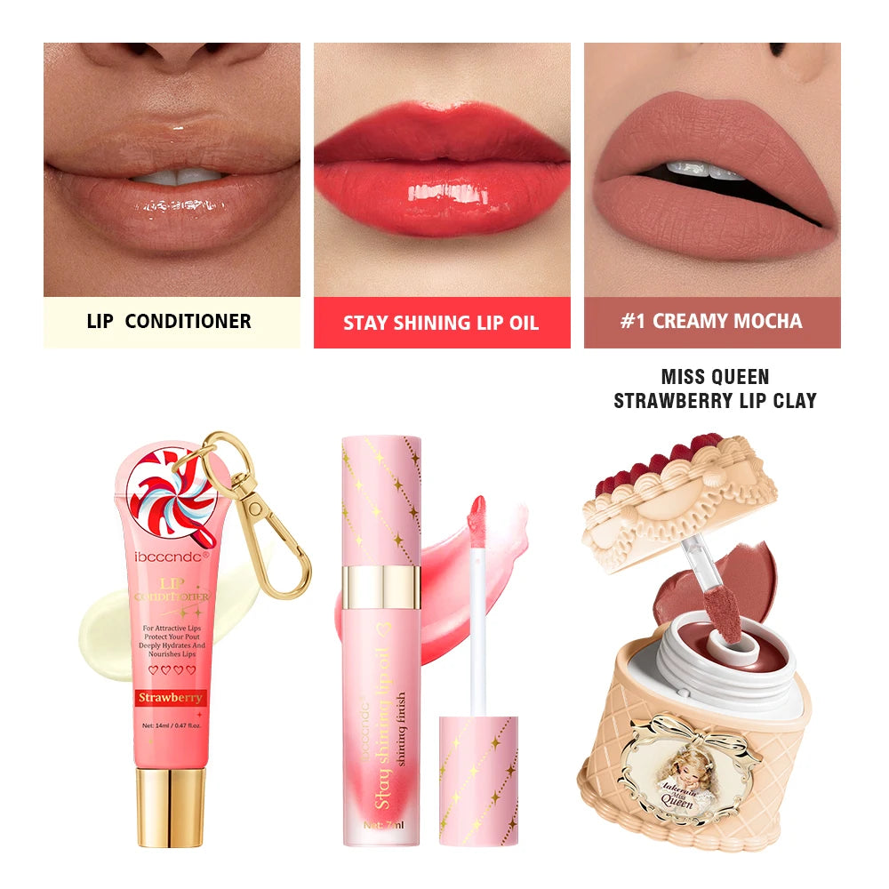 Christmas Limited 2‑in‑1 Lip Gift Set Strawberry Cake Mousse Matte Lip Mud Santa Red Velvet Pouch Lip Balm Lip Oil 7 Shades