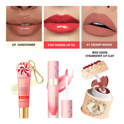 Christmas Limited 2‑in‑1 Lip Gift Set Strawberry Cake Mousse Matte Lip Mud Santa Red Velvet Pouch Lip Balm Lip Oil 7 Shades