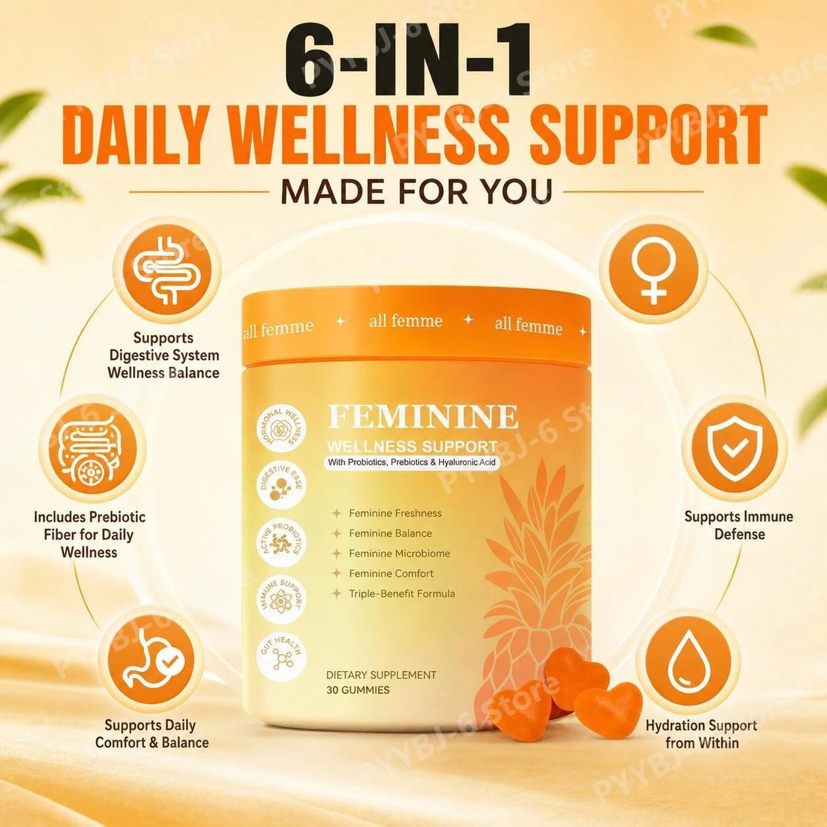 Women's Feminine Wellness Support Gummies with Vitamin B6, Zinc, Inulin & Hyaluronic Acid, for Digestive Balance, 30 Gummies
