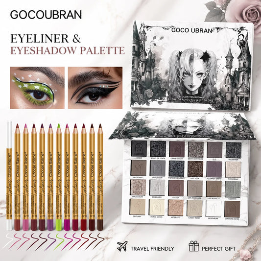 24 Colors Gothic Eyeshadow Palette with 12Pcs Colored Eyeliner Pencils, Dark Cool Tone Matte Shimmer Gray Black Smoky Eye Shadow Makeup Kit, Long Lasting Waterproof Color Eyeliner Set, Halloween Goth Makeup Gift Set for Women