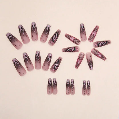 24pcs Glitter Pink Sequins Fake Nails 2025 Halloween Scary Skull Love Print False Nails Wearable European Ballet Press on Nails