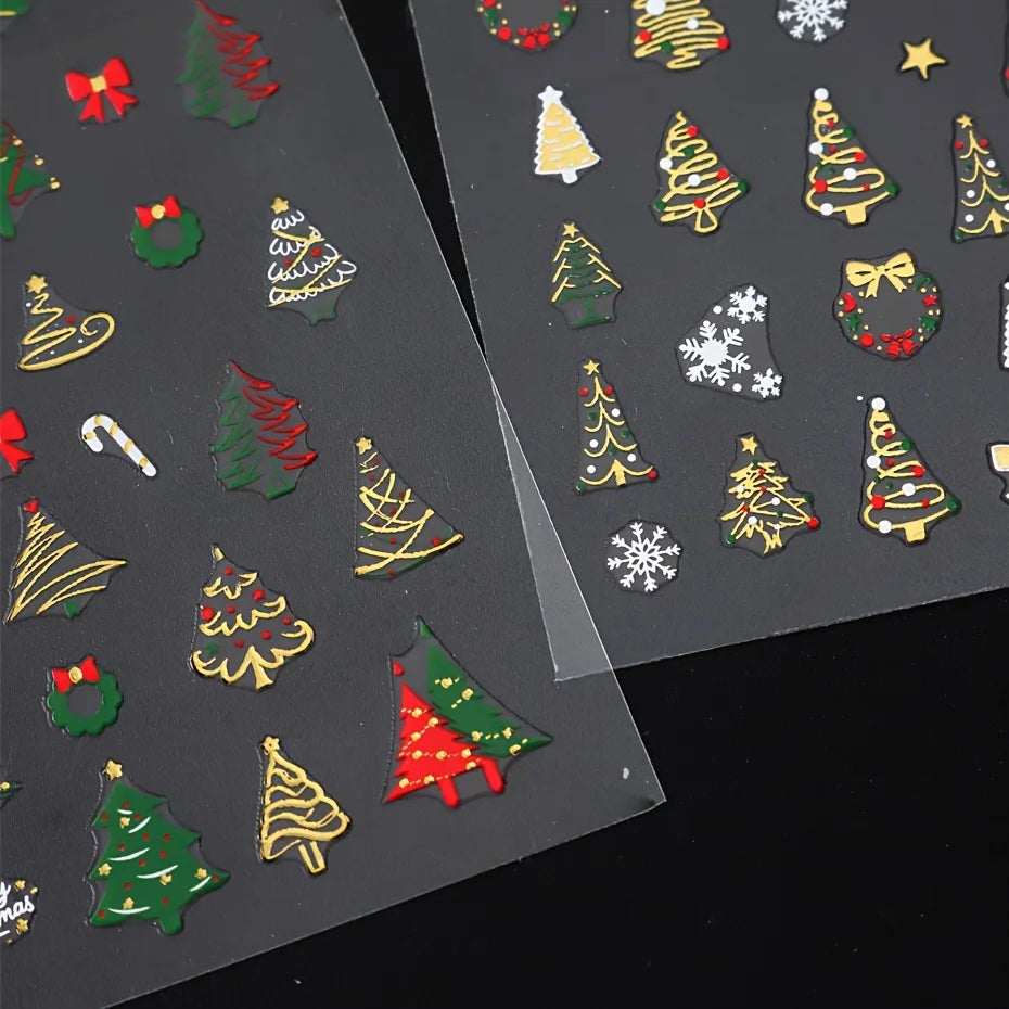 3pcs Christmas Nail Art Stickers - With Green Trees、Red Bow、Golden Decoration - Glossy Surface, Suitable for Holiday Nail Groomi