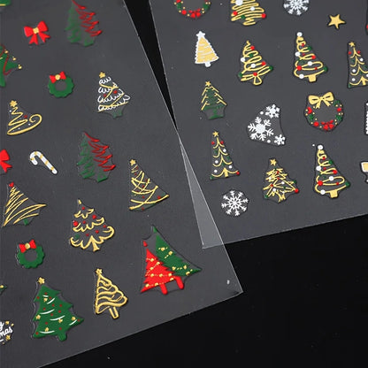 3pcs Christmas Nail Art Stickers - With Green Trees、Red Bow、Golden Decoration - Glossy Surface, Suitable for Holiday Nail Groomi