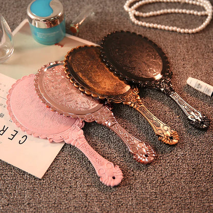 Creative Retro Makeup HD Mirror With Handle Women Bathroom Plastic Patterned Make Up Mirror Portable Handheld Antique Vanity