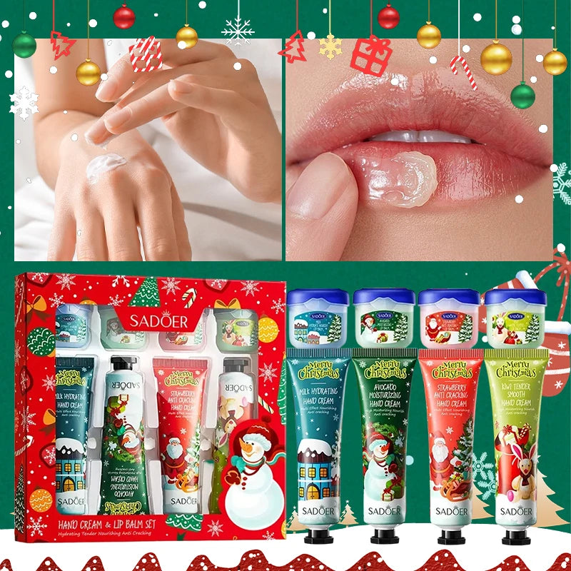 Christmas Hand Cream & Lip Balm Gift Set, Fruit Fragrance Hydrating Anti-Crack Hand Lip Care Kit, Moisturizing Christmas Present