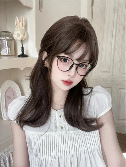 20Inch Chestnut Brown Lovely Synthetic Wigs with Bangs Medium Natural Wavy Hair Wig for Women Daily Use Cosplay Heat Resistant