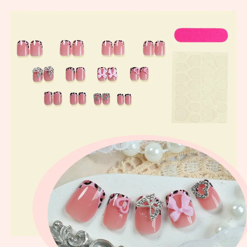European and American Spice Girls Bow Love Diamond Wearing Nail Short Square Removable Fake Nails