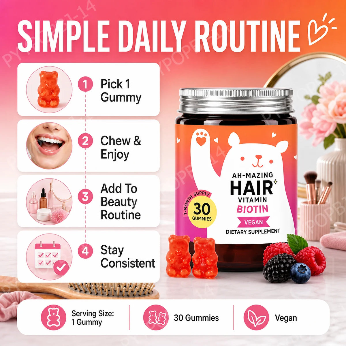 Biotin Gummies 5000 Mcg Hair Skin Nails Support Vegan Beauty Vitamins 30 Gummies Daily Wellness Supplement