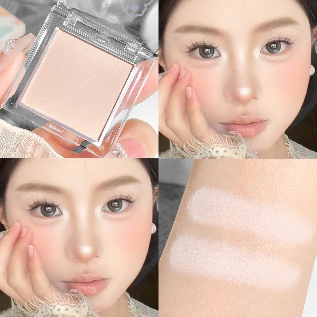 Matte highlighter glitter eye shadow contour palette with pearlescent, luminous, and finely textured shimmer
