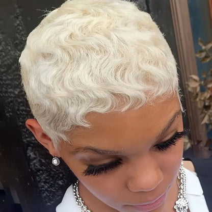  Stylish 60 Blonde Curly Human Hair Wig with Bangs Brazilian Remy Short Layered Natural Look Style Machine Made Wig for Women