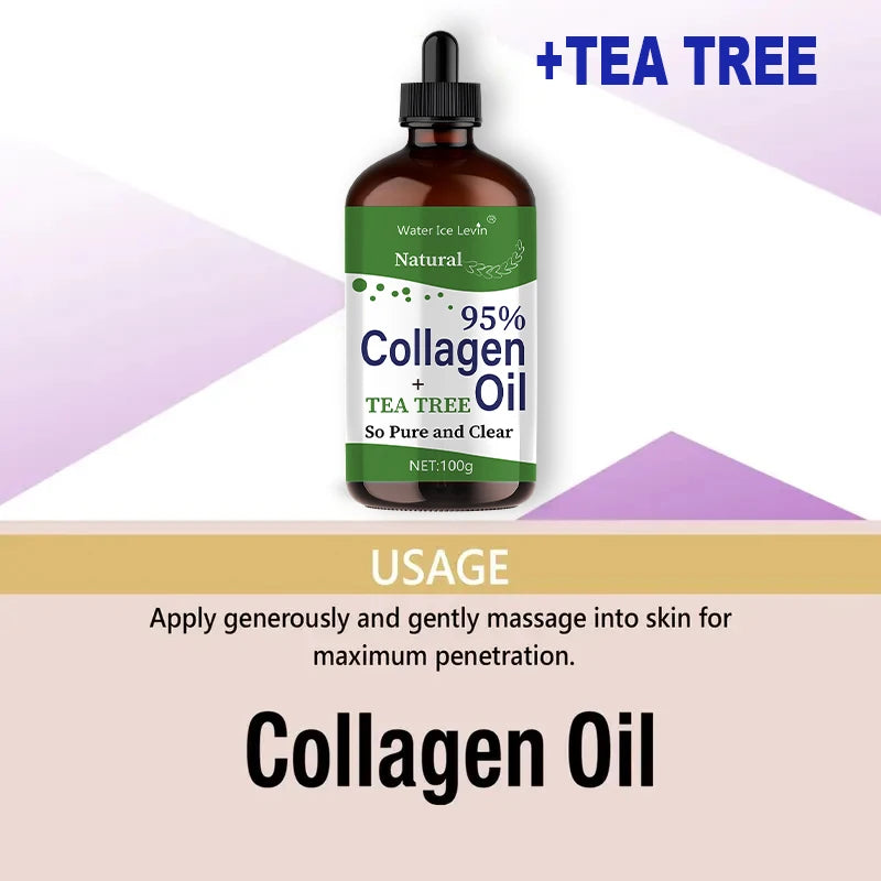 Tea Tree Collagen Oil 95% Pure Collagen Infusion. Smoothes Nourishes Skin. Lightweight Non-Greasy Feel. 100g Clear Formula.
