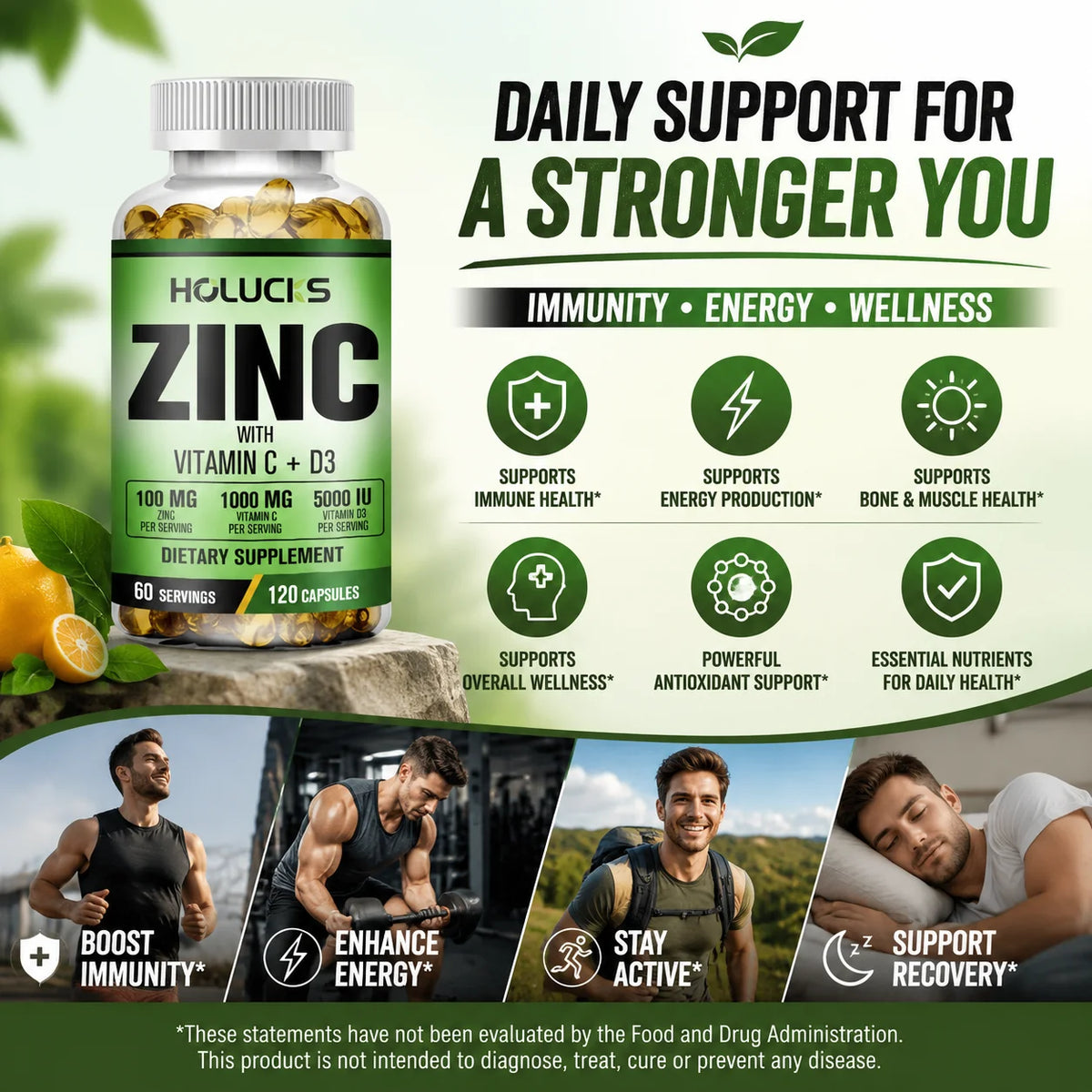 Zinc Vitamin C & D3 Complex Supplement, Supports Bone, Teeth, Joint & Heart Health, Boosts Immunity & Energy, Antioxidant