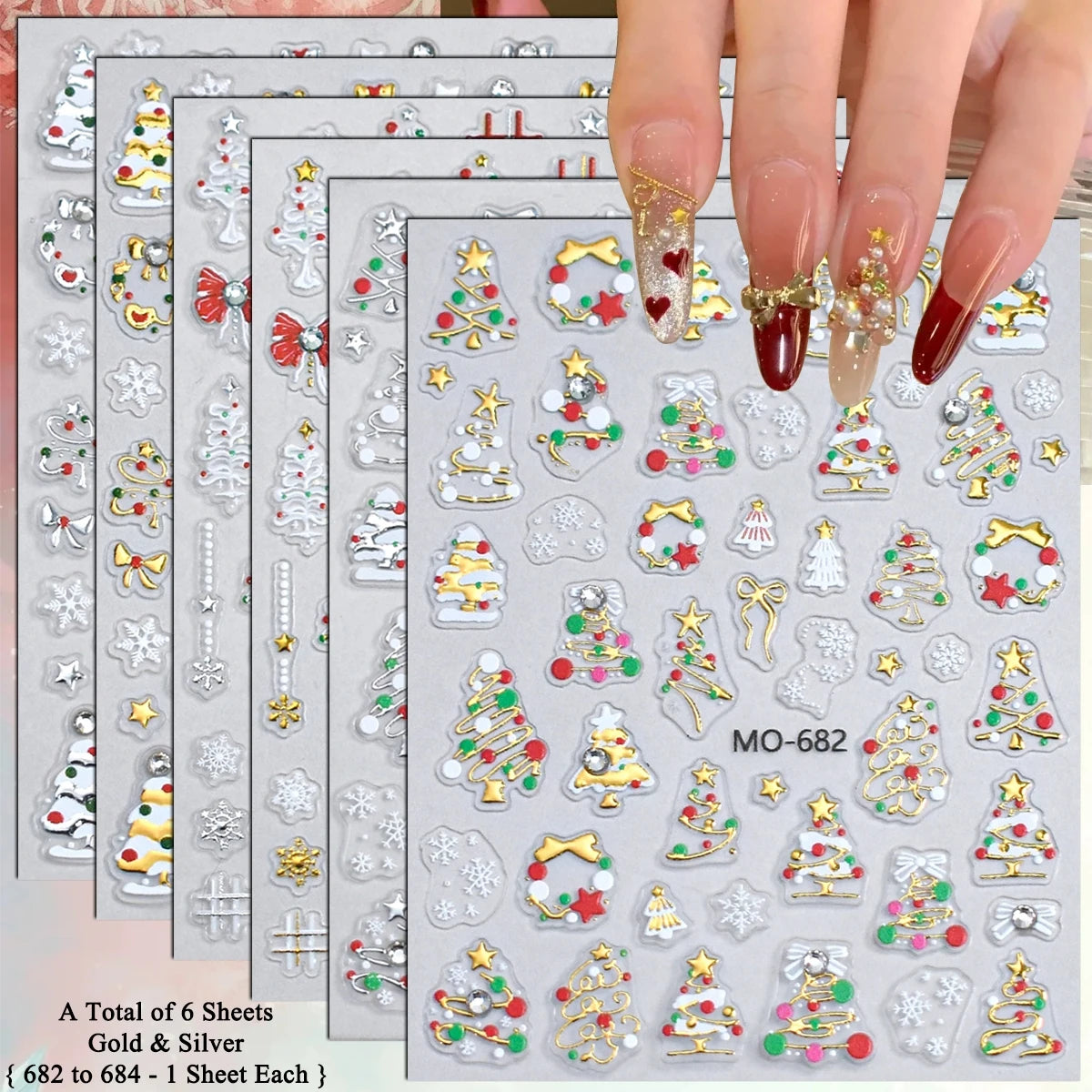 2 to 12 Sheets 5D Gold Silver Christmas Nail Decals Crystal Rhinestone Snowflake Xmas Tree Self Adhesive Nail Art Stickers