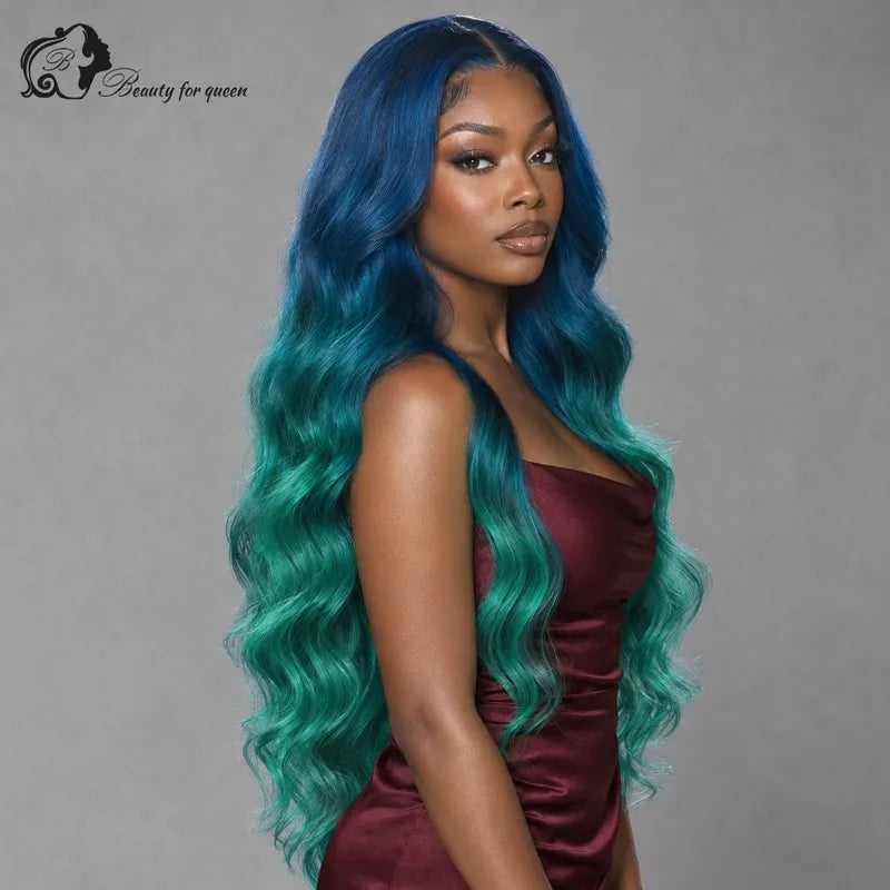 Middle Blue Green Ombre Body Wave Wig Mid Length Heat Friendly New Natural Colored Glossy Brazilian Bold Cosplay Extensions