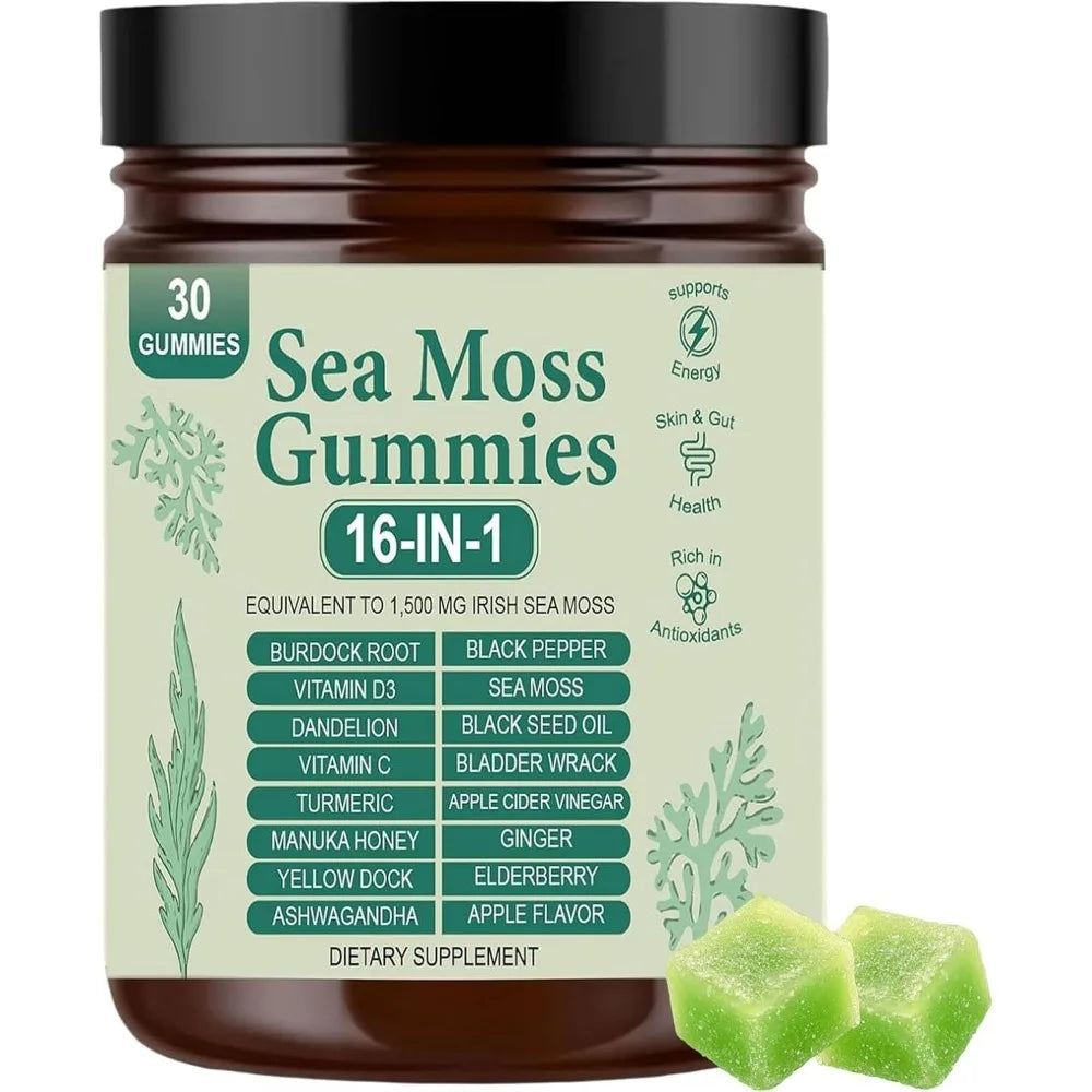Irish Sea Moss Gummies 1500mg Equivalent 16 in 1 Botanical Blend,Support Digestion&Mood,Antioxidant Protection,Apple Flavor,30Ct