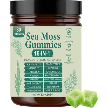 Irish Sea Moss Gummies 1500mg Equivalent 16 in 1 Botanical Blend,Support Digestion&Mood,Antioxidant Protection,Apple Flavor,30Ct