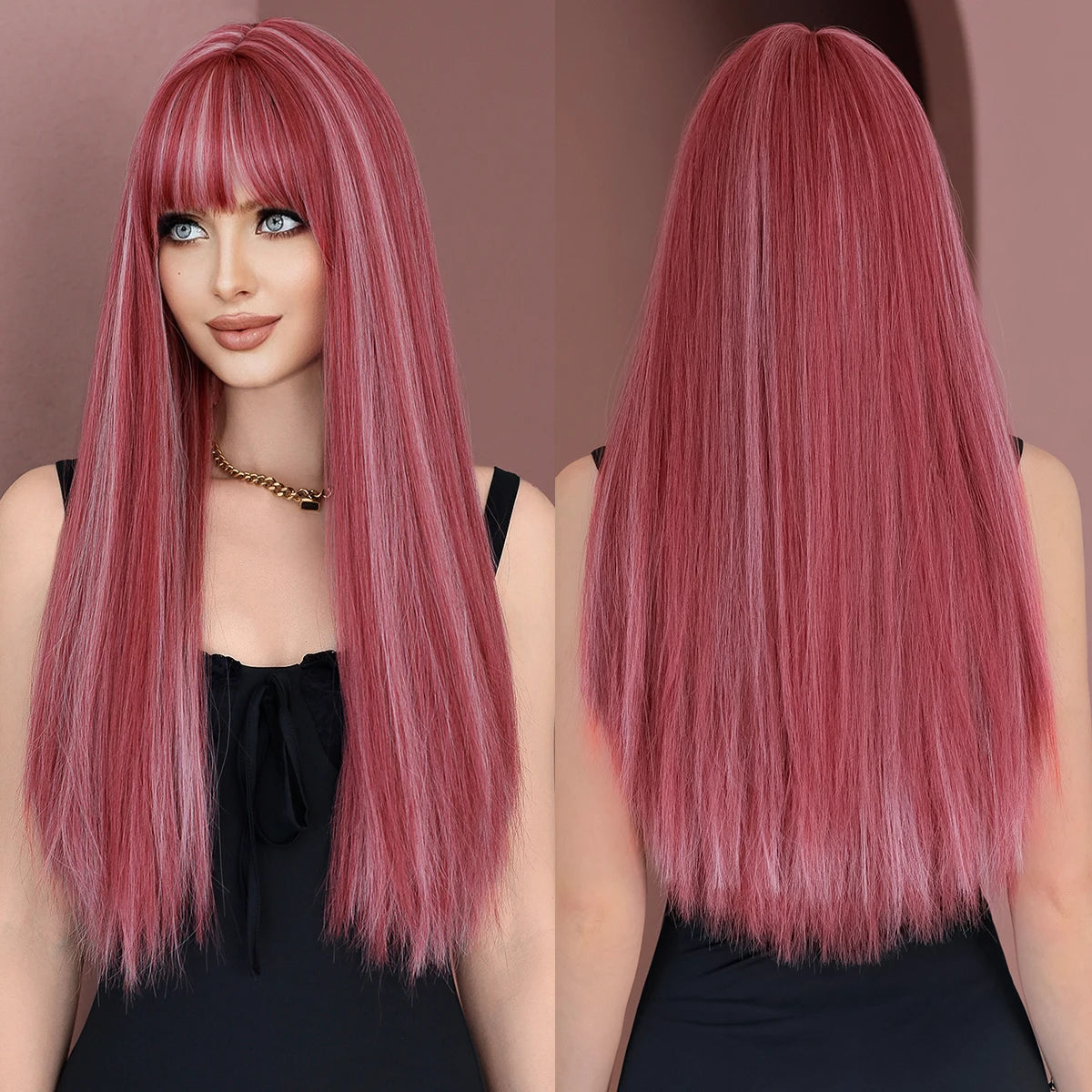 Long Straight Light Blonde Wig for Women Daily Party Highlight Brown Synthetic Layered Hair Wigs with Bangs Halloween Cosplay