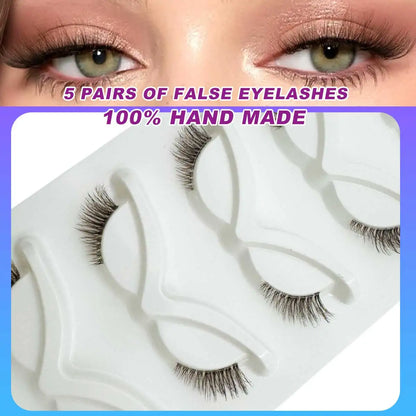 5 Pairs Brown & Black Half Lashes Wispy Clear-Band Cat-Eye Faux-Mink Fluffy Natural Look for Daily Halloween Christmas Cosplay