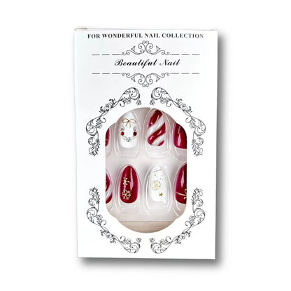 30pcs Christmas Burgundy Red Press On Nails Gold Bow Snowflake Pearl Fake Nail Short Oval Rhinestone 3D False Nail for Women