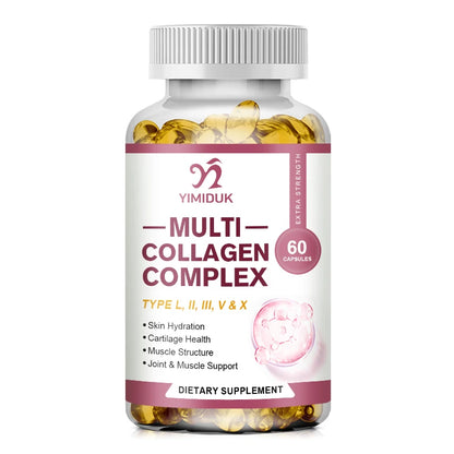 Multi-Collagen Pills with Hyaluronic Acid and Vitamin C, 5 Hydrolyzed Collagen Peptides, Type I II III VX Capsules