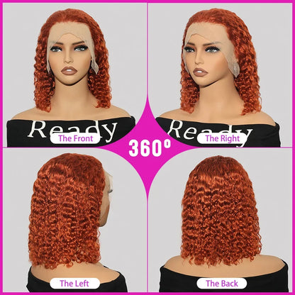 100% Human Hair Ginger Brown Bob Wig 220 Density Transparent Deep Wave 13x4 Lace Frontal Wigs Highlight Curly Short Bob Wig