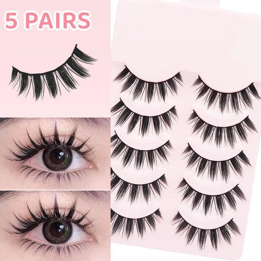DINGSEN 5 Pairs Manga Lashes Eyes Lashes Soft Natural Long Eyelashes Fake Lashes Anime Wispy Strip False Eyelashes Makeup