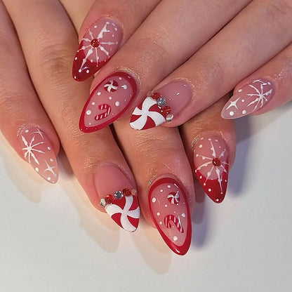 24PCS Christmas Red Almond Press on Nails Sweet 3D Gingerbread Man Xmas Tree Snowflake Design False Nails Wearable Acrylic Nails