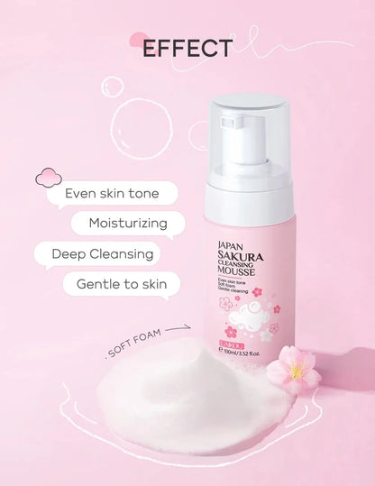 LAIKOU Japan Sakura Cleansing Mousse Gentle Foam Face Wash Even Skin Tone Deep Cleansing Non-Irritating Facial Cleanser 100ml