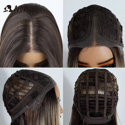 Noble Synthetic Lace Front Wigs For Women 12 Inch Pre Plucked Pre-Cut Ombre Brown Blonde Straight Layered Bob Wig Cosplay Wig