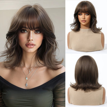 Short Light Pink Wave Synthetic Wigs with Bangs Rose Gold Lolita Natural Hair Wigs for Women Cosplay Daily Party Heat Resistant