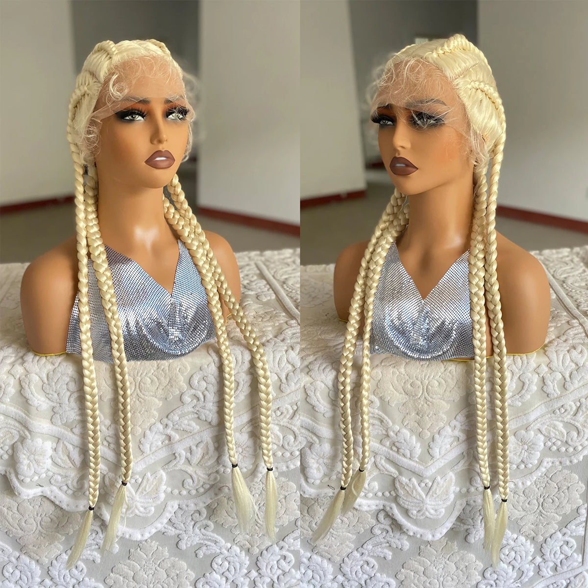 Synthetic Lace Front Wig Braided Wigs With Baby Hair 32 Inches 4 Twist Cornrow Braids Cosplay DIY Wig Synthetic Crochet Braids