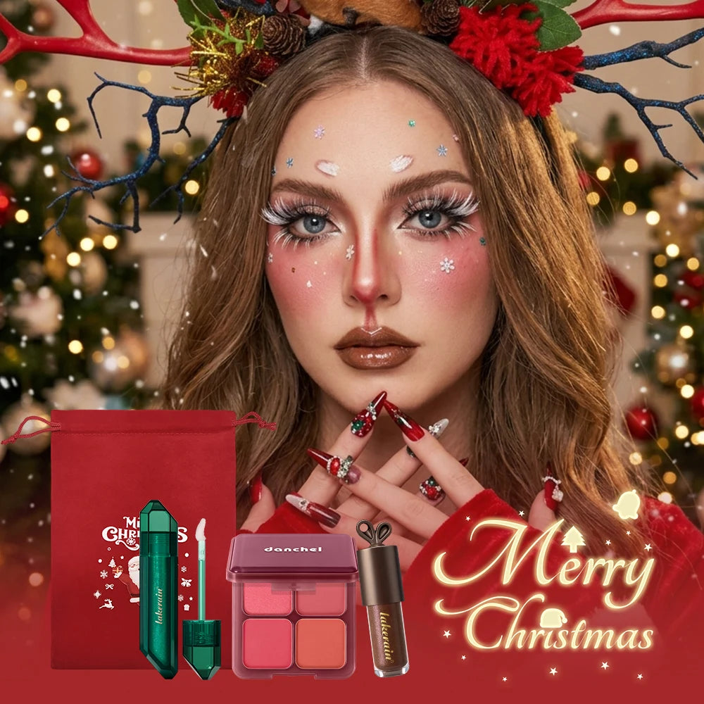 Festive Christmas Makeup Set Chocolate Lip Gloss PH Color Changing Lip Oil Blush Palette High Pigment Hydrating for Holiday Gift