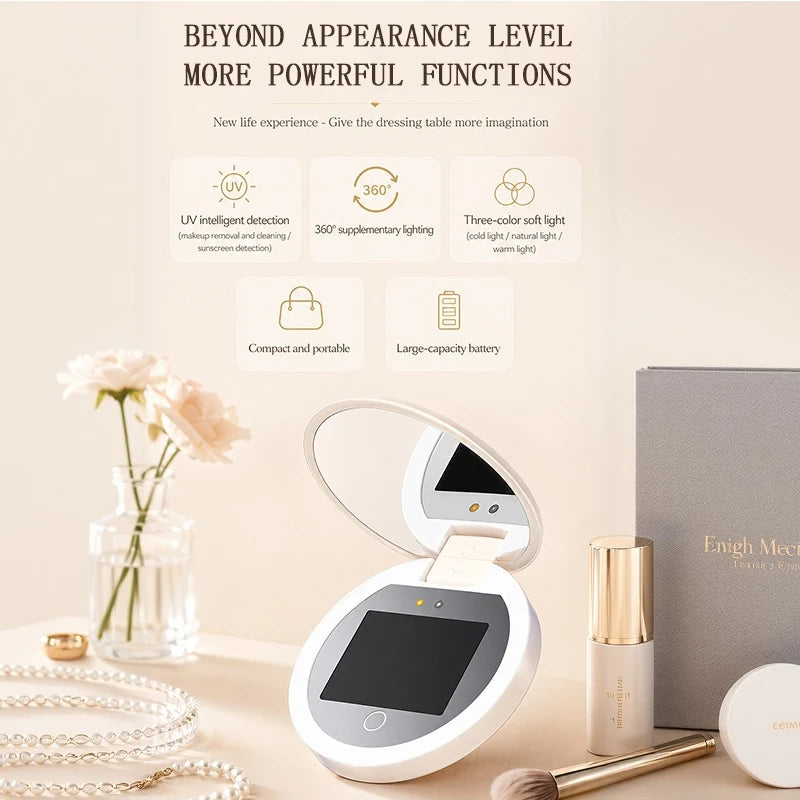 TJMIR UV Smart Sunscreen Mirror Portable LED Makeup Mirror with UV Detection & Sunscreen Testing
