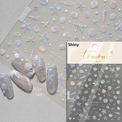 5D Summer Sea Shell Nail Sticker Shiny Embossed Starfish Nails Stickers Summer Beach Wine glass Jellyfish Nail Decals Decoration