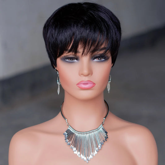 Short Pixie Cut Human Hair Wig for Women Natural Black Brazilian Hair Wig Machine Made Wigs with Bangs  Cheap  Layered Cut  Wigs