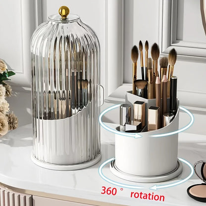 2pcs 360° Rotating Dustproof Makeup Brush Storage Box, Sliding Door Cosmetic Storage Rack + Dental Floss Storage Box