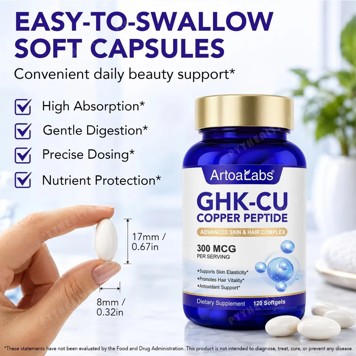 Liposomal GHK-Cu Copper Peptide 300mcg – Skin & Hair Anti-Aging Softgels with Biotin, Phytoceramides, Hyaluronic Acid 120 Count