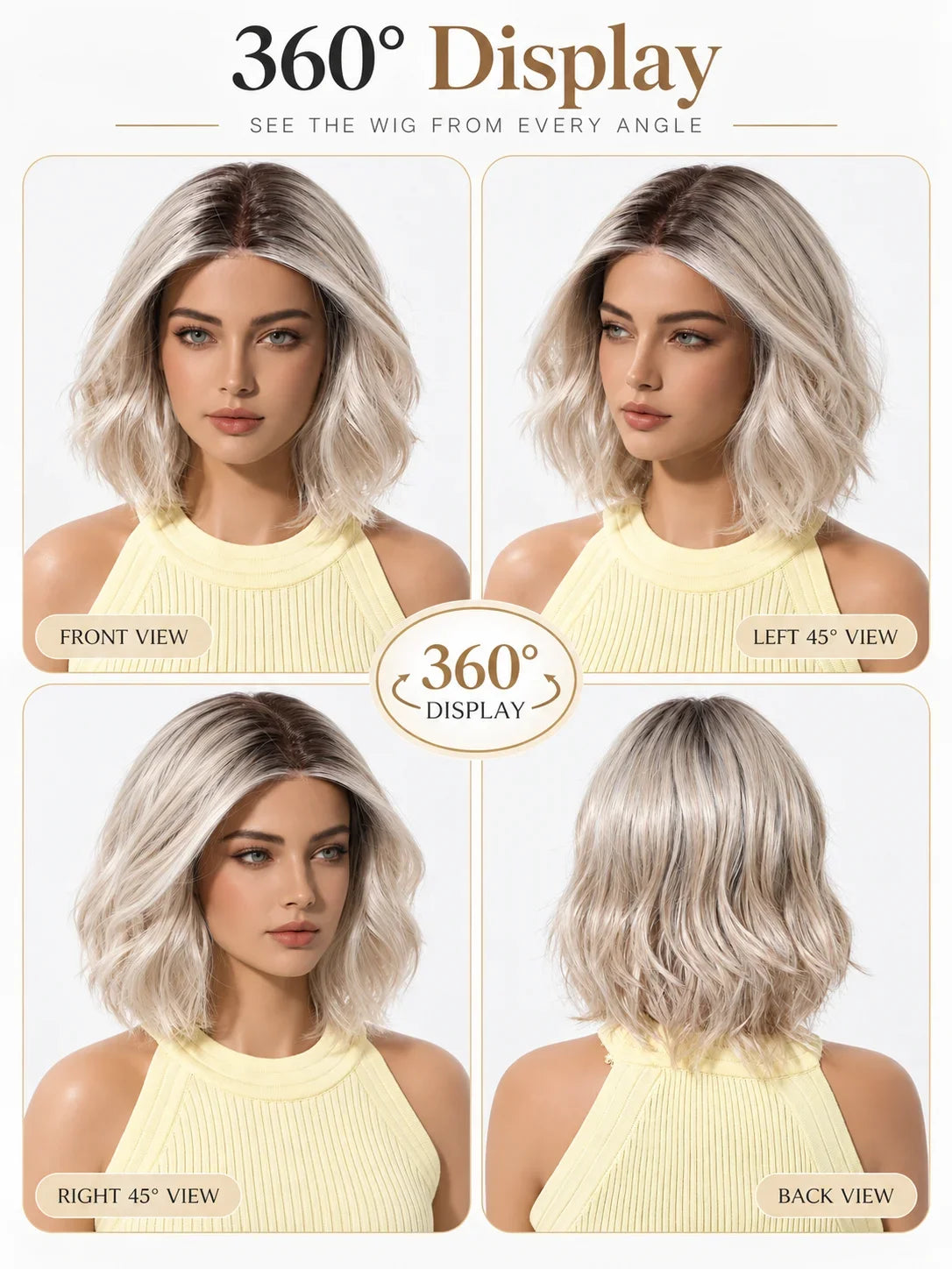 MONO Glueless Bob Wig for Women Ash Brown Highlight Synthetic Hair Middle Part Natural Scalp Lightweight Breathable