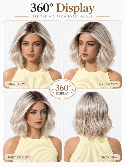 MONO Glueless Bob Wig for Women Ash Brown Highlight Synthetic Hair Middle Part Natural Scalp Lightweight Breathable