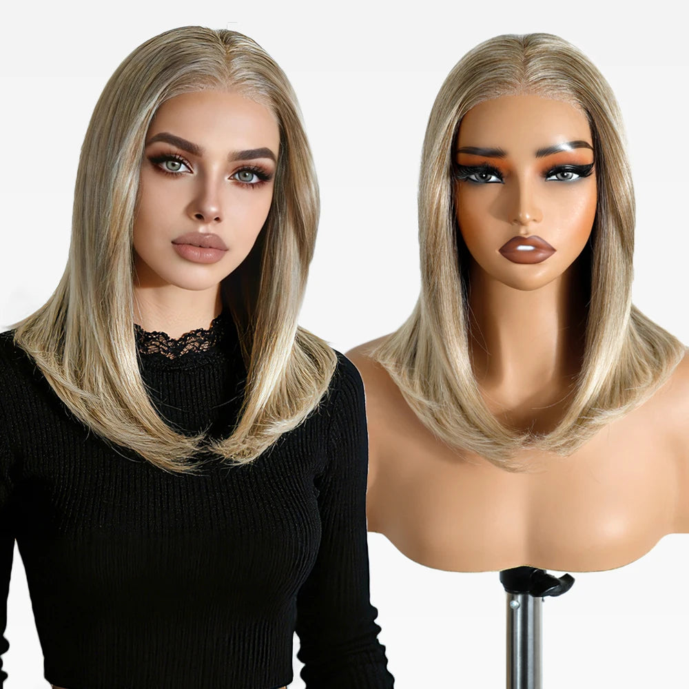FASHION IDOL 16 Inch 13x3 Lace Front Wigs Synthetic Straight Hair Layered Ombre Brown Free Part Pre-Plucked Bob Wigs for Women