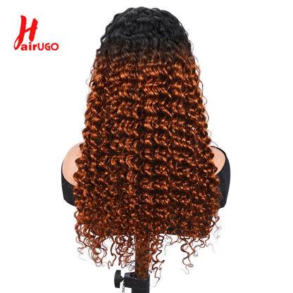 T1B/Orange Deep Wave Lace Closure Wig For Women Ombre Orange Lace Closure Human Hair Wigs With Baby Hair Remy Preplucked HairUGo