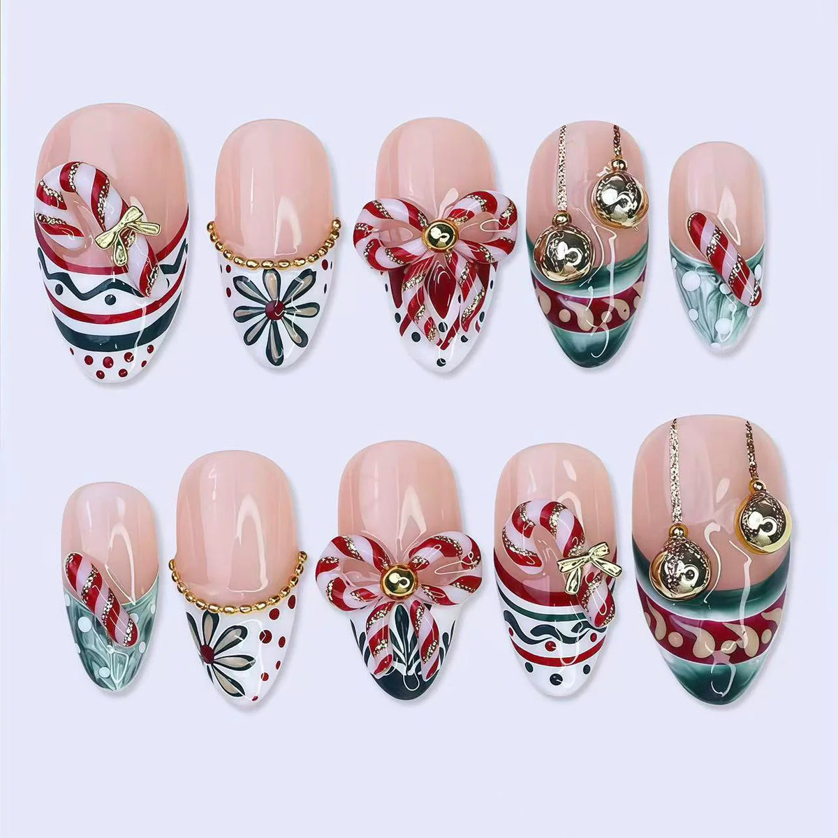 30pcs Christmas 3D Candy Cane Bow Press On Nails Bell Ornament Xmas Fake Nail Short Almond French False Nail for Women Holiday