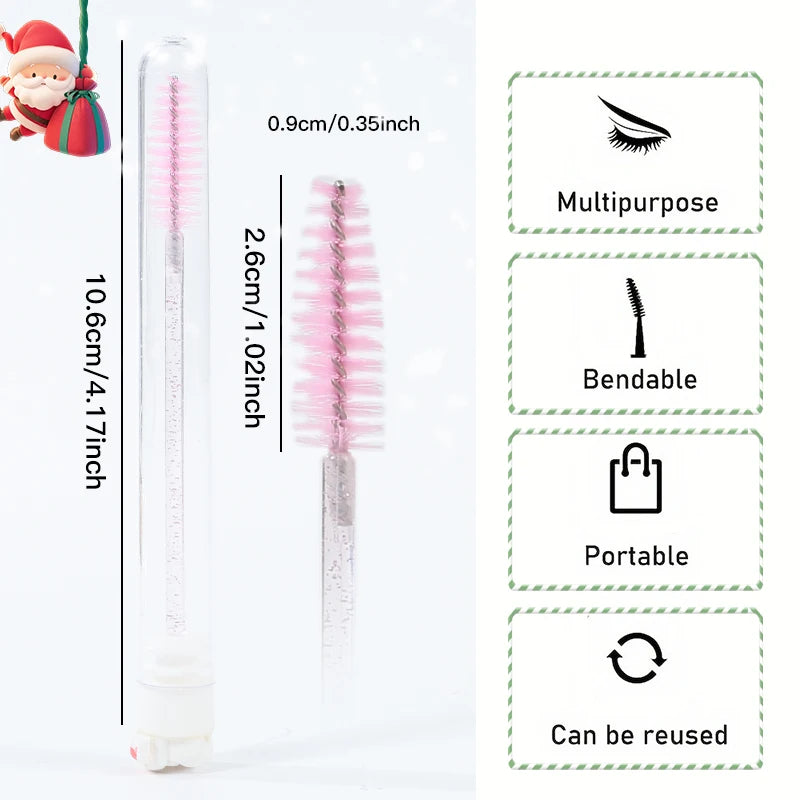 10Pcs Christmas Eyelash Brushes Set Santa Mascara Wand with Case Spoolie Eyebrow Comb Festive Makeup Tool Xmas Gift for Women