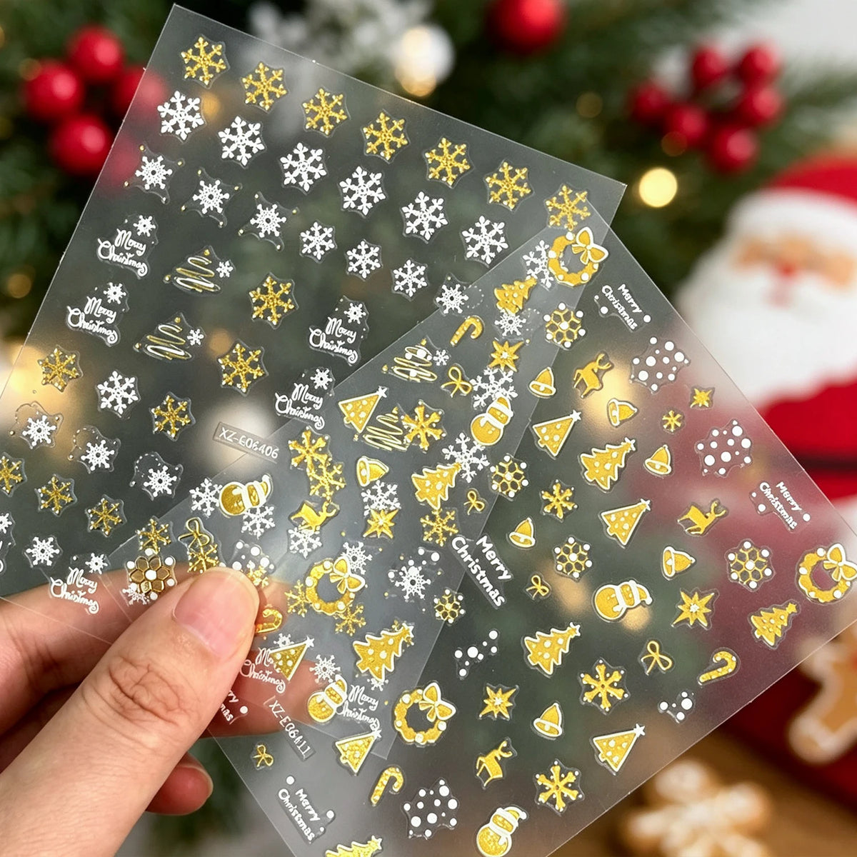 12pcs Gold White Snowflakes Snowman Santa Claus Christmas Nail Stickers Xmas Tree Elk Bow Nail Decals Winter Xmas Nail Supplies