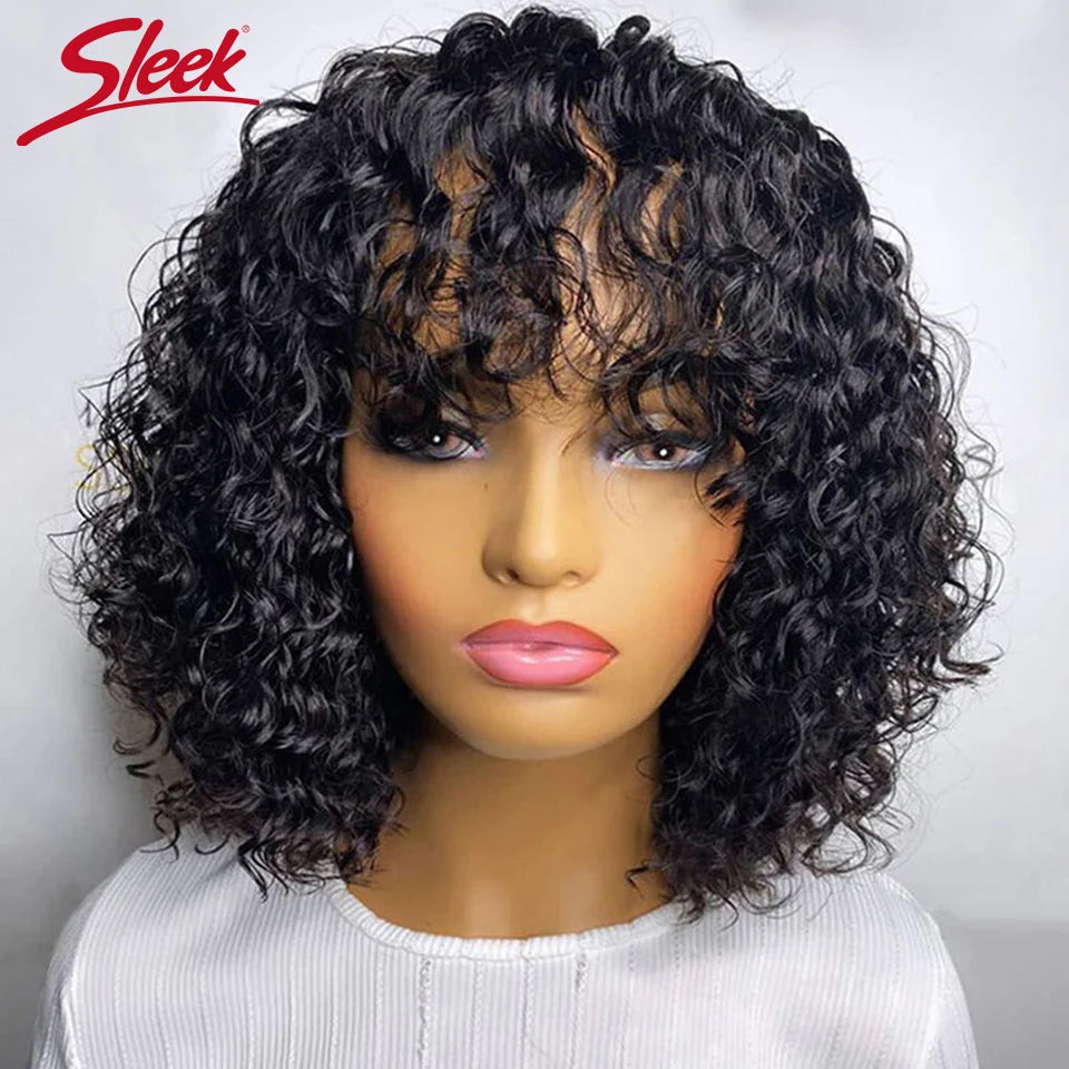 Brazilian Jerry Curly Short Bob Human Hair Wigs With Bangs Full Machine Wig Human Hair Wig Highlight Water Wave Wig For Women