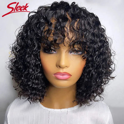 Brazilian Jerry Curly Short Bob Human Hair Wigs With Bangs Full Machine Wig Human Hair Wig Highlight Water Wave Wig For Women